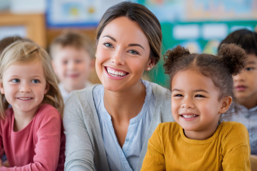 Teacher and diverse students smiling in classroom